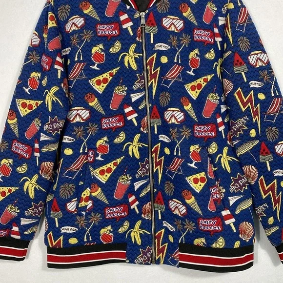 Zara Men’s Jacquard Blue Junk Food Graphic Bomber Jacket size large